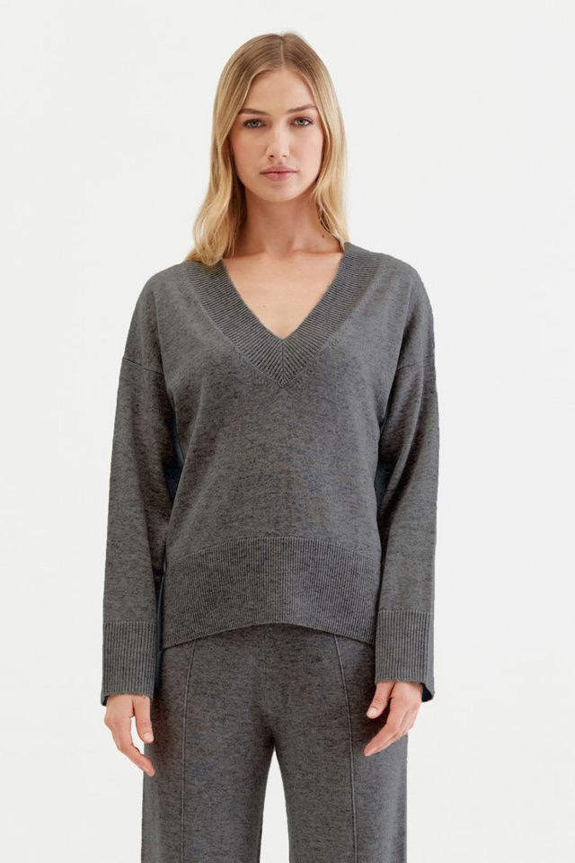 Dark-Grey Wool-Cashmere V-Neck Sweater image 1