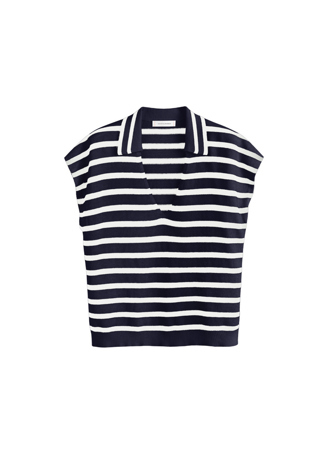 Navy Cotton-Linen Breton Polo T-shirt image 2