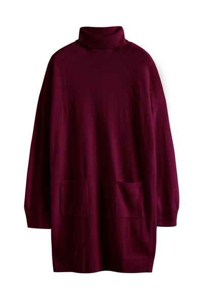 Maroon dress with a high collar on a white background