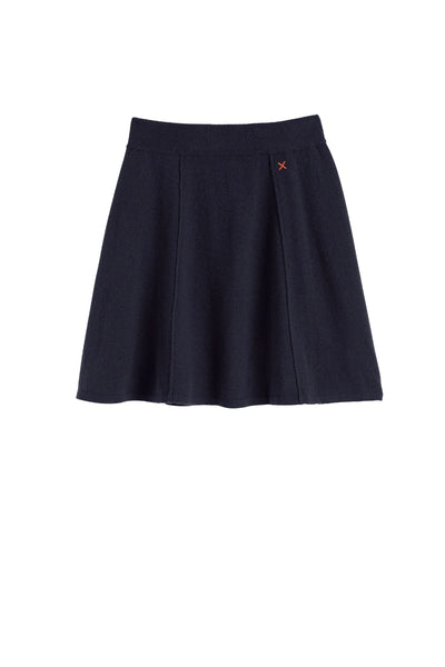 Navy blue skirt with a small red logo on a white background