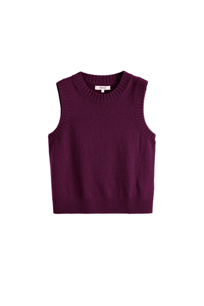 Purple sleeveless knitted top on a white background