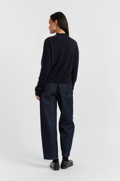 Navy Wool-Cashmere Funnel Neck Sweater