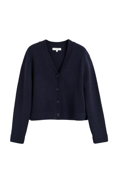 Navy blue cardigan on a white background
