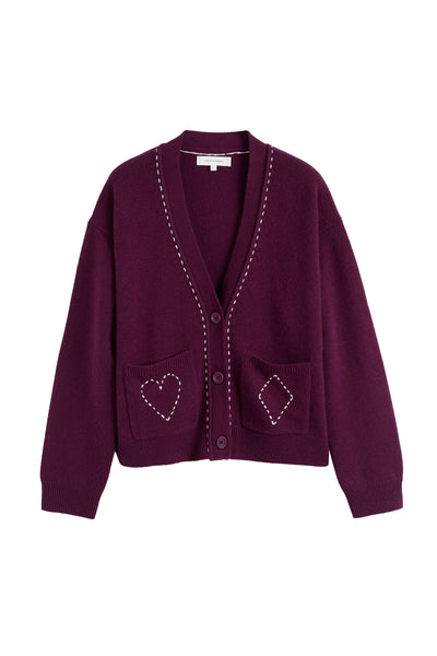 Purple cardigan with heart details on a white background