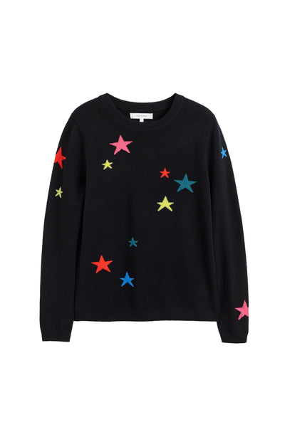 Black sweater with colorful star patterns on a white background