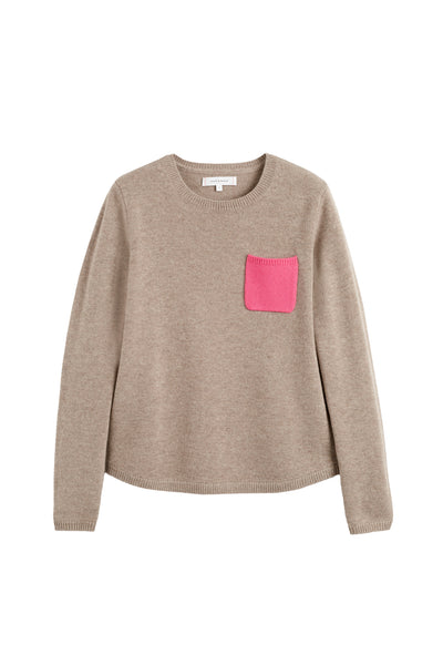Brown sweater with a pink pocket on a white background