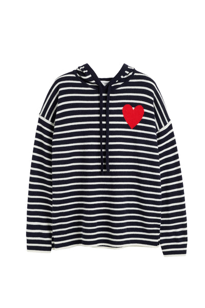 Black and white striped hoodie with a red heart on a white background