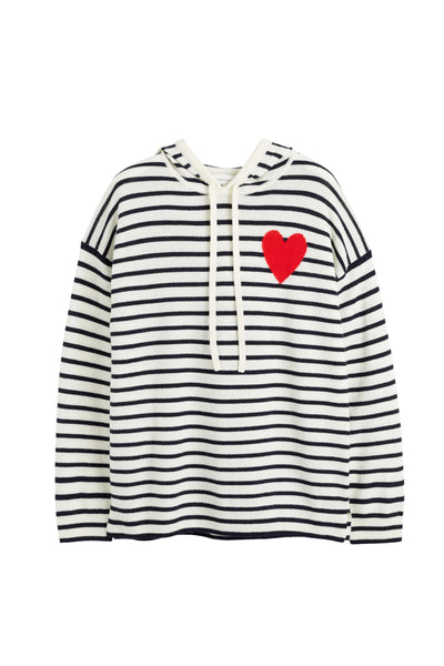 Black and white striped hoodie with a red heart on a white background