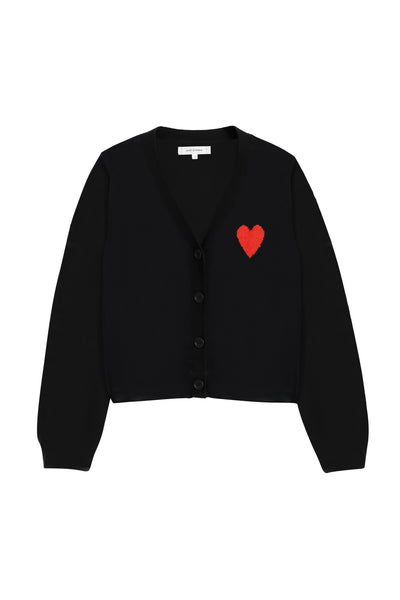 Black cardigan with a red heart on a white background