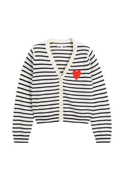 Black and white striped cardigan with a red heart on a white background