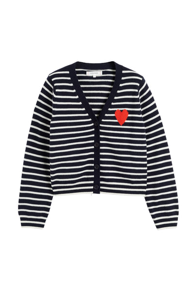 Black and white striped cardigan with a red heart on a white background