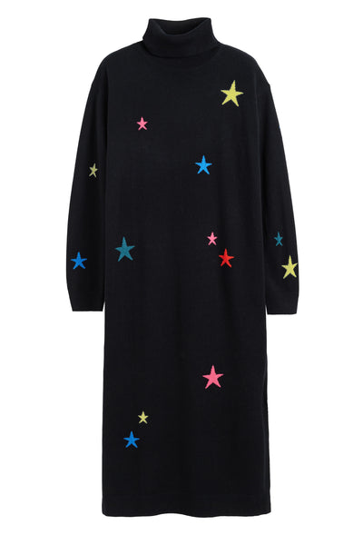Black dress with colorful star patterns on a white background