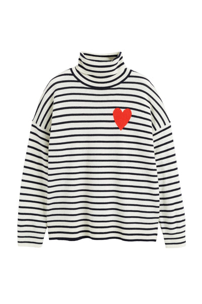 Black and white striped sweater with a red heart on a white background