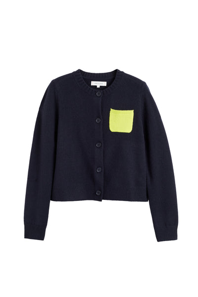 Navy blue cardigan with a yellow pocket on a white background
