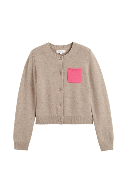 Beige cardigan with a pink pocket on a white background