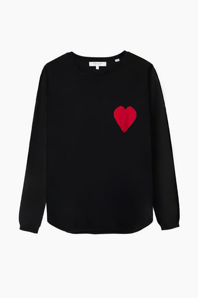 Black sweater with a red heart on a white background