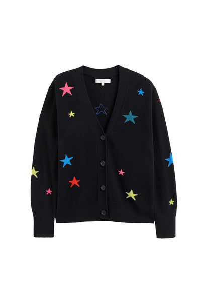 Black cardigan with colorful star patterns on a white background