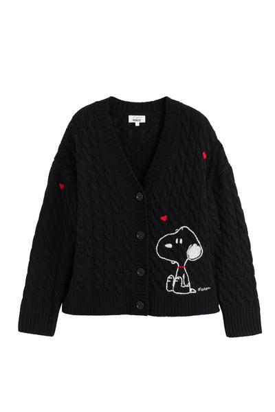 Black cardigan with a cartoon character on a white background