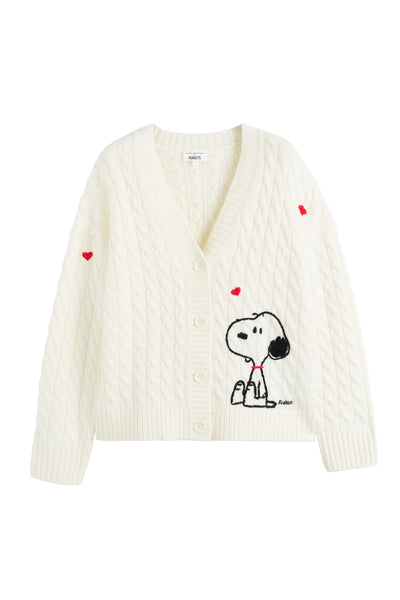 White cardigan with embroidered design on a white background