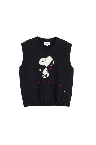 Black sleeveless sweater vest with a cartoon character design on a white background