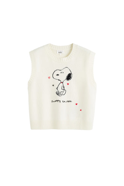 White sleeveless sweater with a cartoon character design on a white background