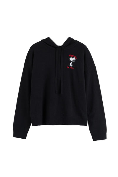 Black hoodie with a small red and white graphic on the chest against a white background