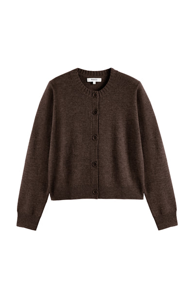Chocolate Wool-Cashmere Crew Neck Cardigan