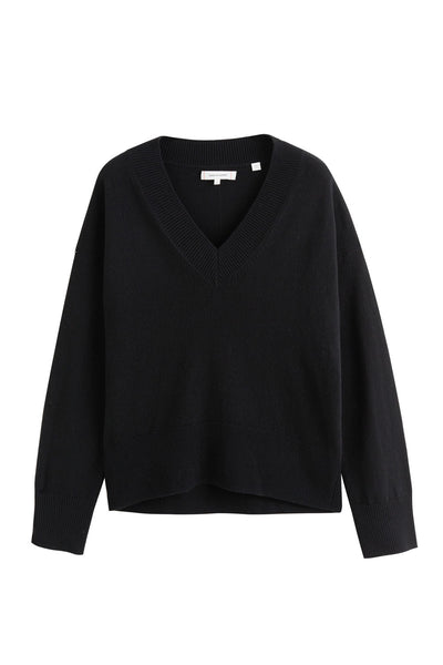 Black Wool-Cashmere V-Neck Sweater