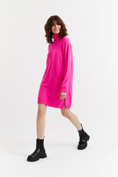 Fuchsia Wool-Cashmere Mini Rollneck Dress