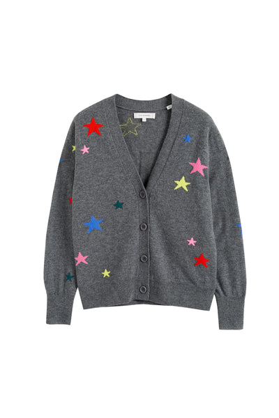 Gray cardigan with colorful star patterns on a white background