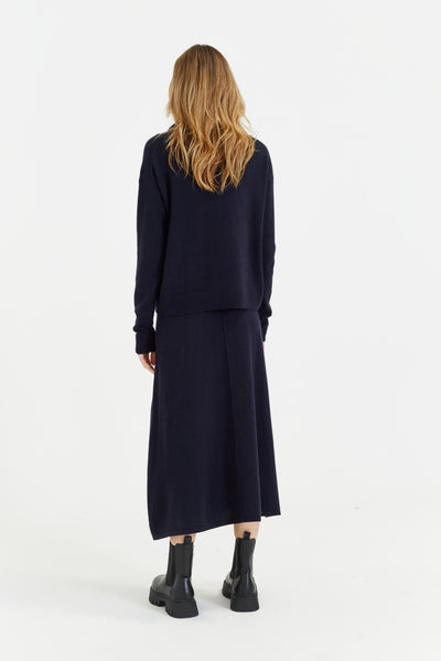 Navy Wool-Cashmere Midi Skirt