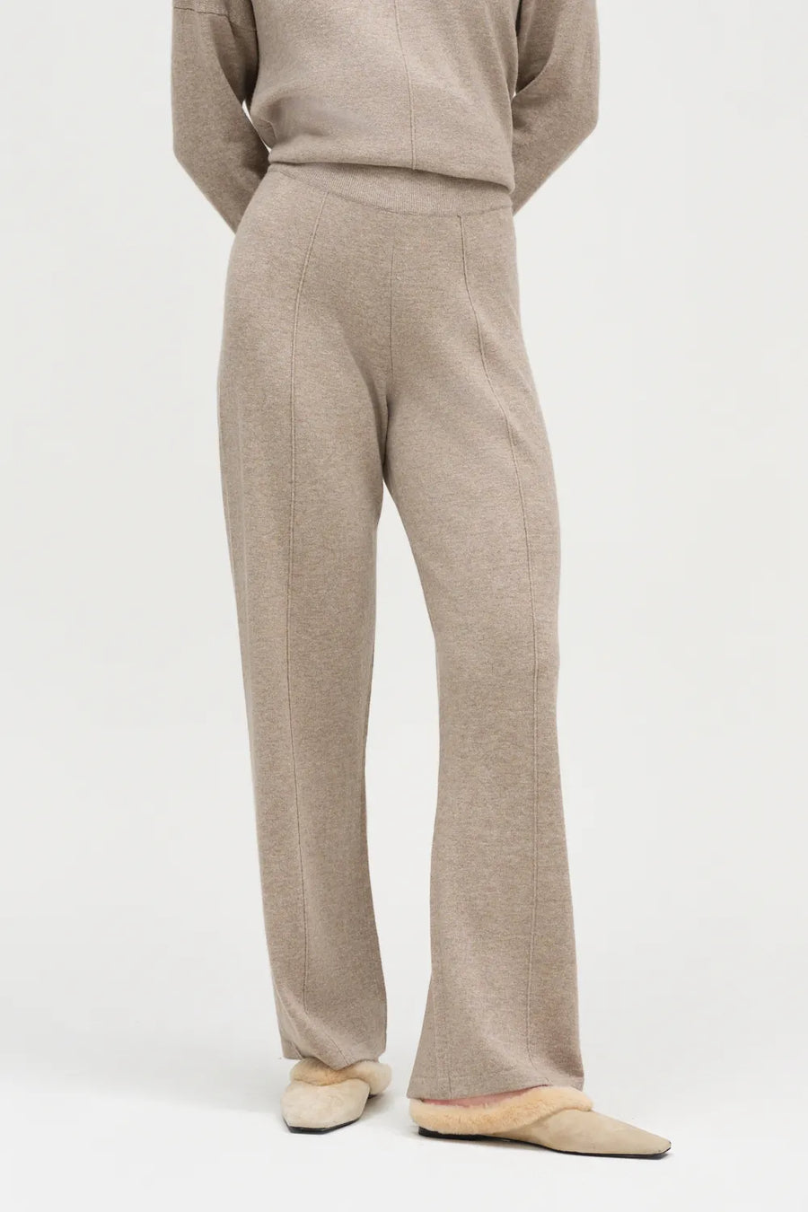 Warm-Oatmeal Wool-Cashmere Wide-Leg Track Pants