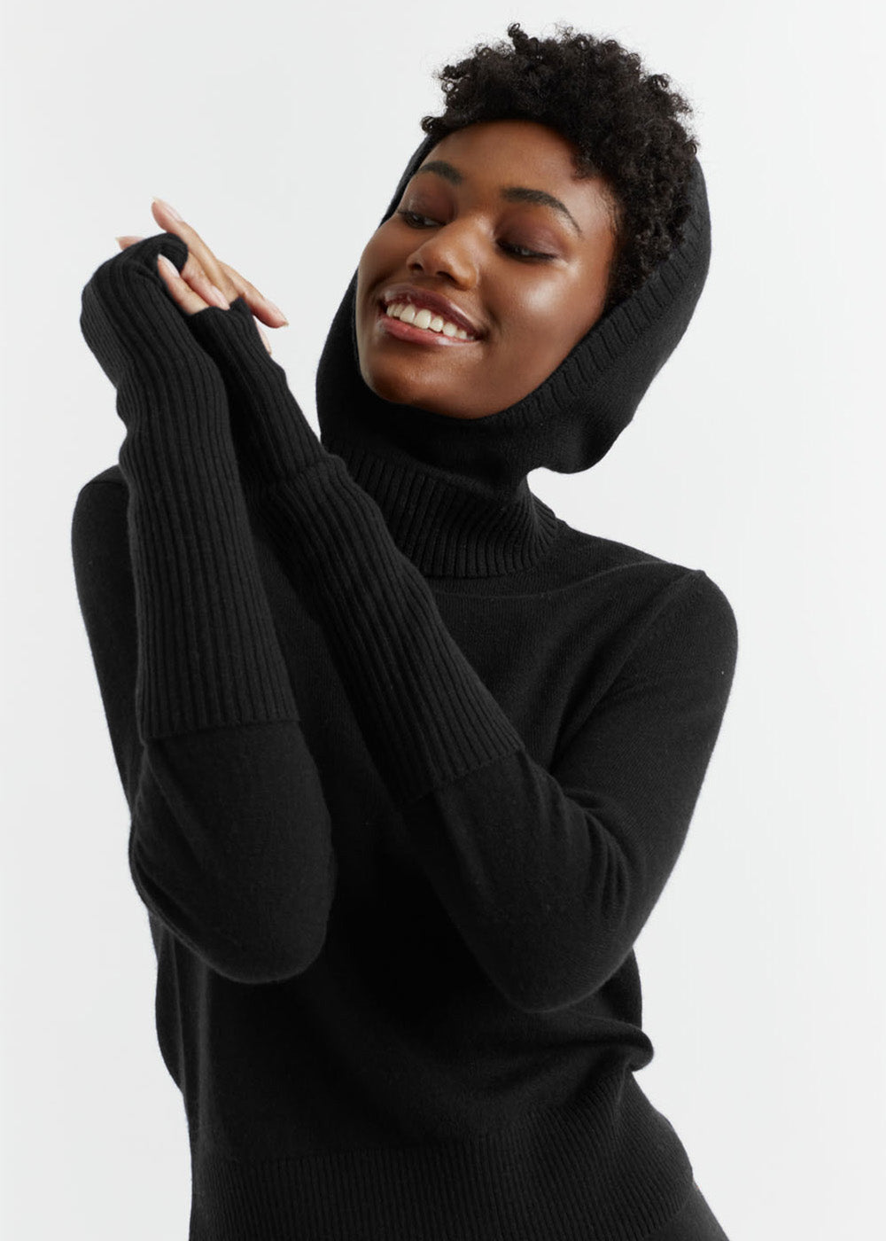 Black Wool-Cashmere Ribbed Fingerless Gloves