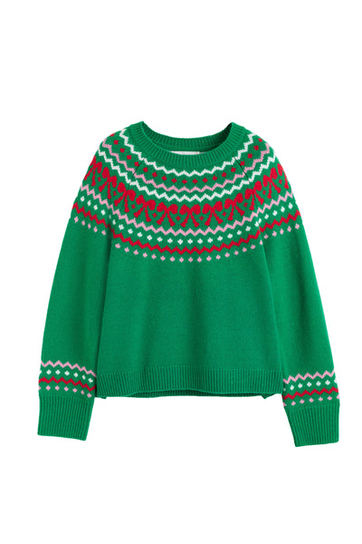 Green sweater with a pattern on a white background