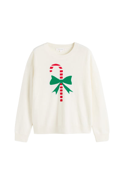 White sweater with candy cane and bow design on a white background