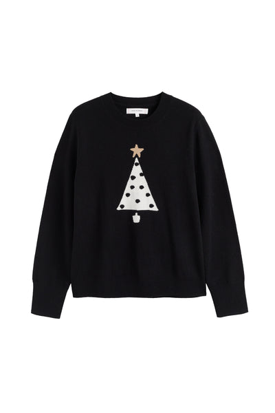 Black sweater with a Christmas tree design on a white background