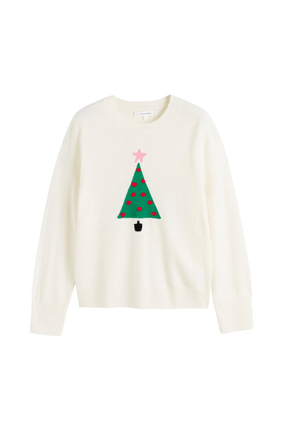 White sweater with a Christmas tree design on a white background