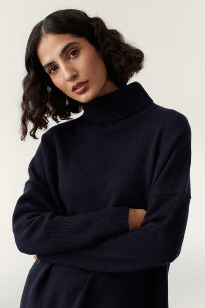 Navy Pure Cashmere Rollneck Sweater