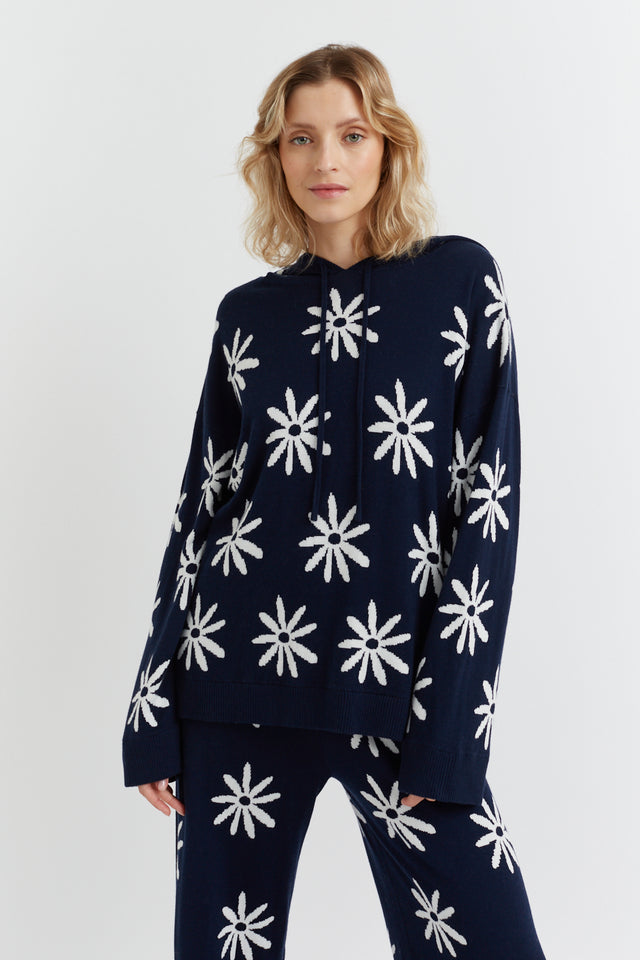 Navy Cotton-Cashmere Ditsy Daisy Hoodie image 1