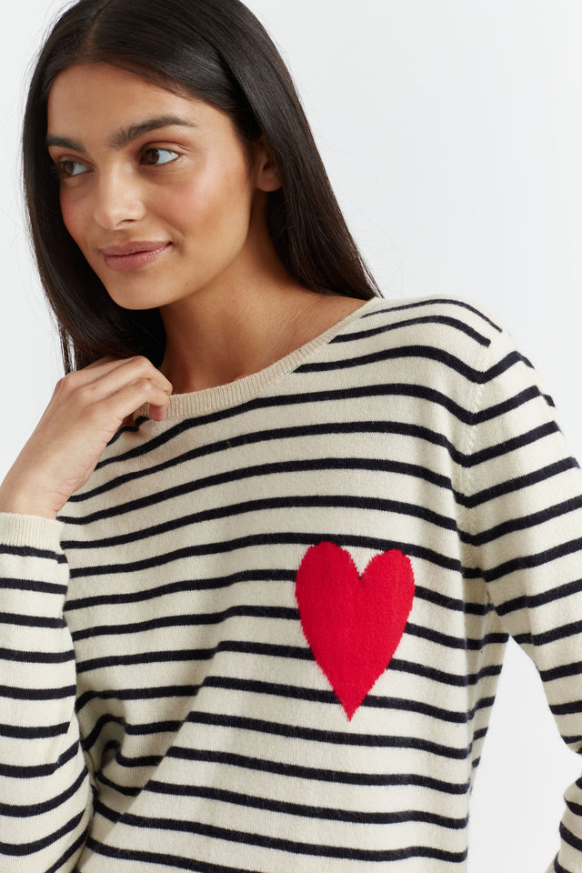 Cream-Navy Breton Heart Wool-Cashmere Sweater image 3