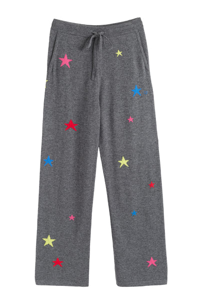 Gray pants with colorful star patterns on a white background