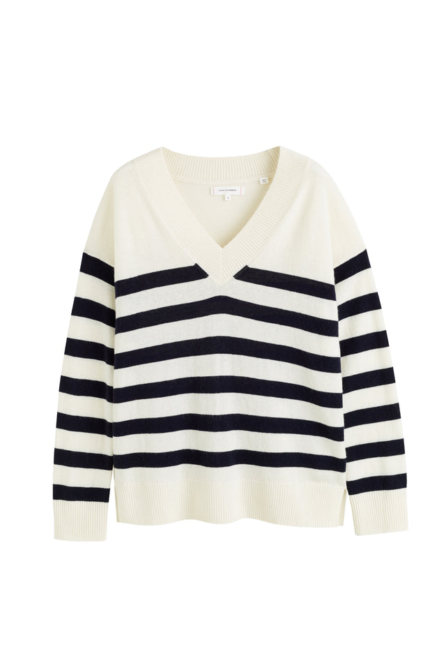 Cream Wool-Cashmere Striped V-Neck Sweater image 2