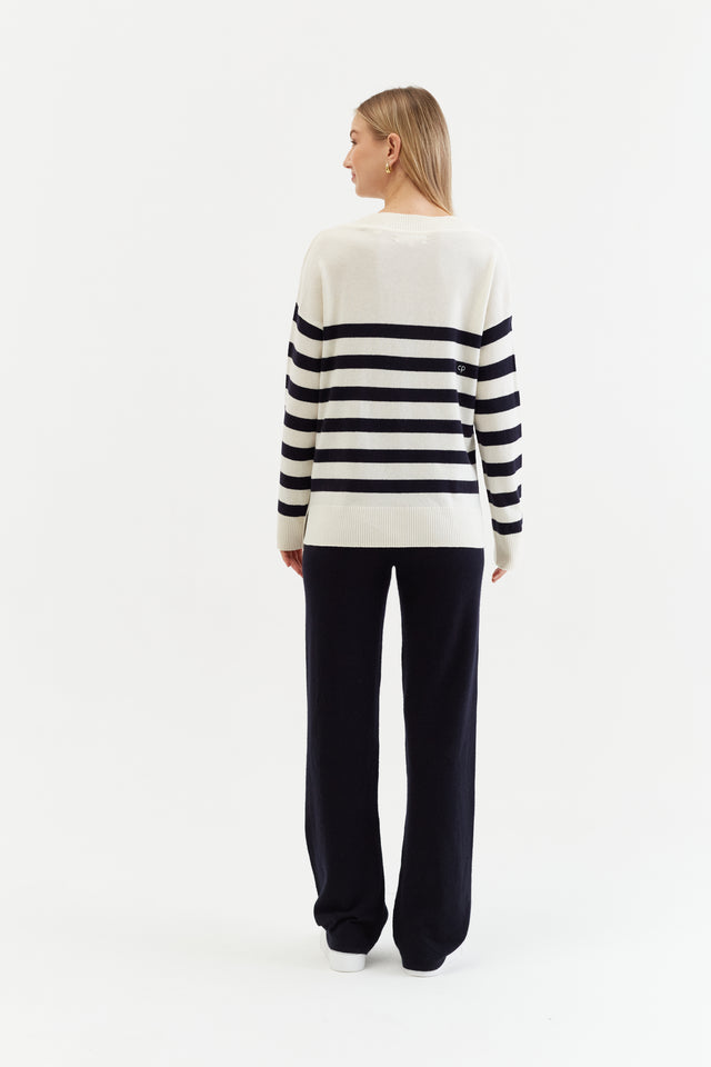 Cream Wool-Cashmere Striped V-Neck Sweater image 3