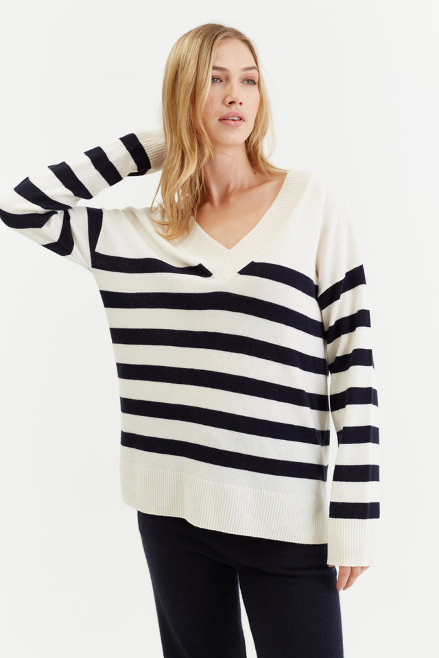 Cream Wool-Cashmere Striped V-Neck Sweater image 1