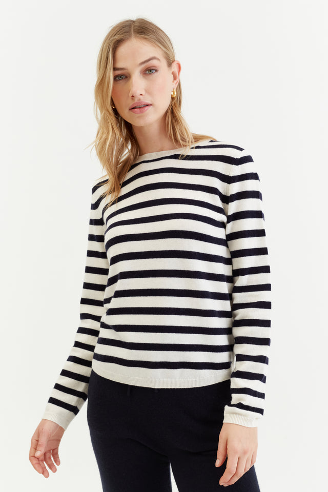 Navy-Cream Wool-Cashmere Stripe Sweater image 1