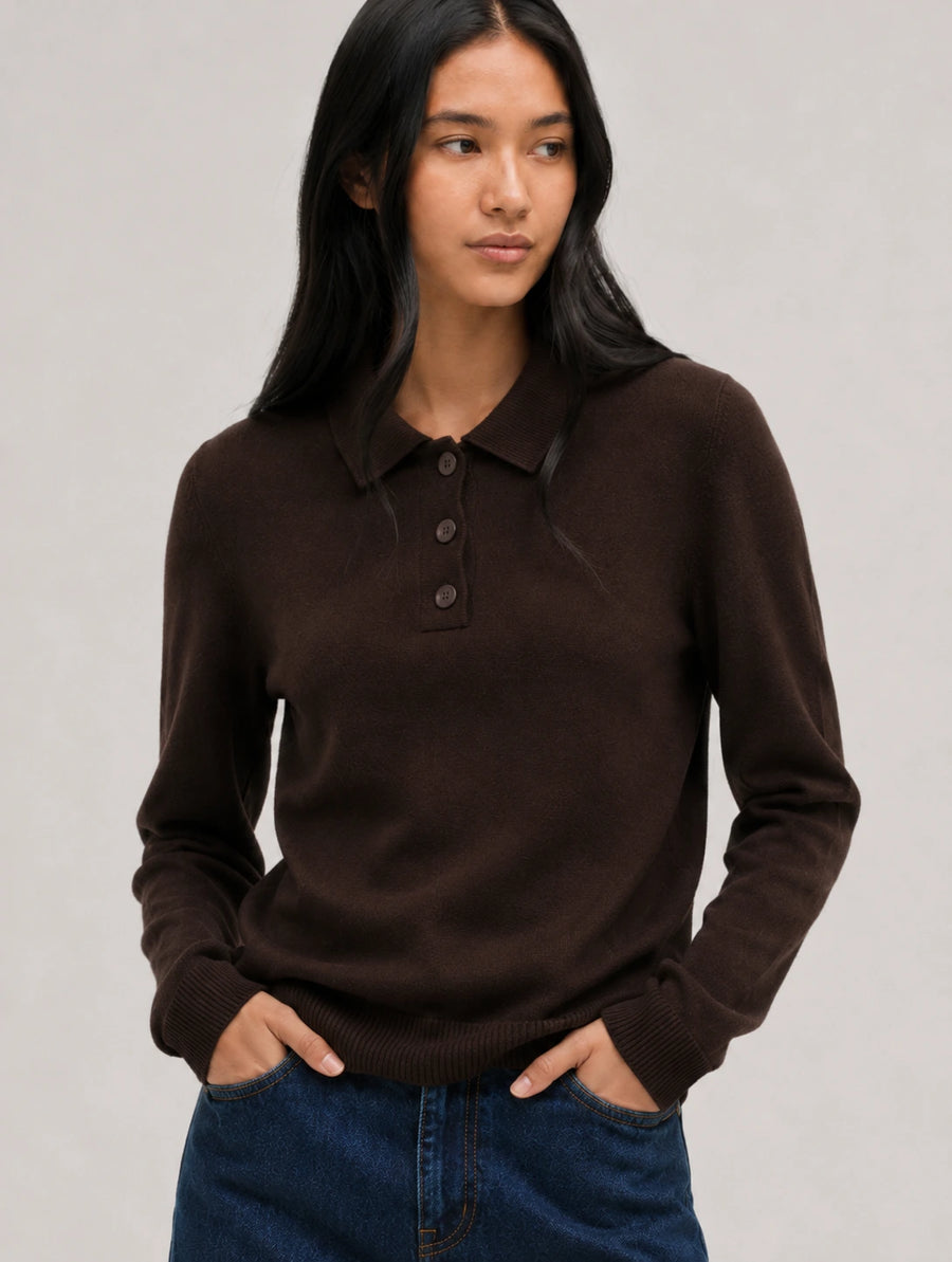 Chocolate Wool-Cashmere Polo Sweater