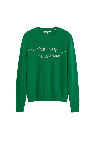 Green sweater with 'Merry Christmas' text on a white background