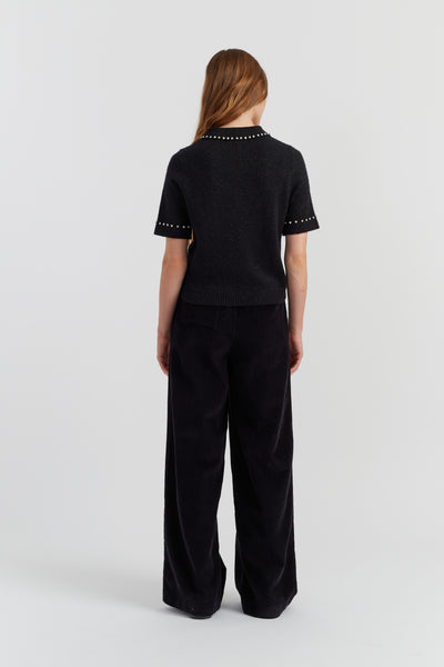 Black Wool-Cashmere Diamonte Polo Top