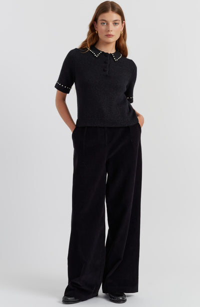 Black Wool-Cashmere Diamonte Polo Top