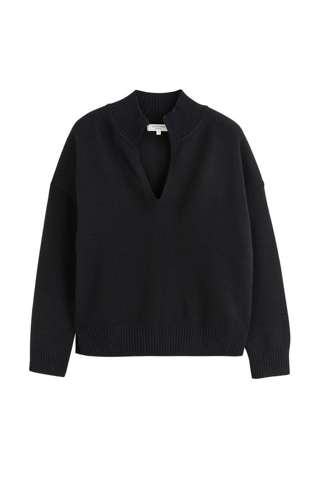 Black Cashmere V-Neck Funnel Sweater image 2